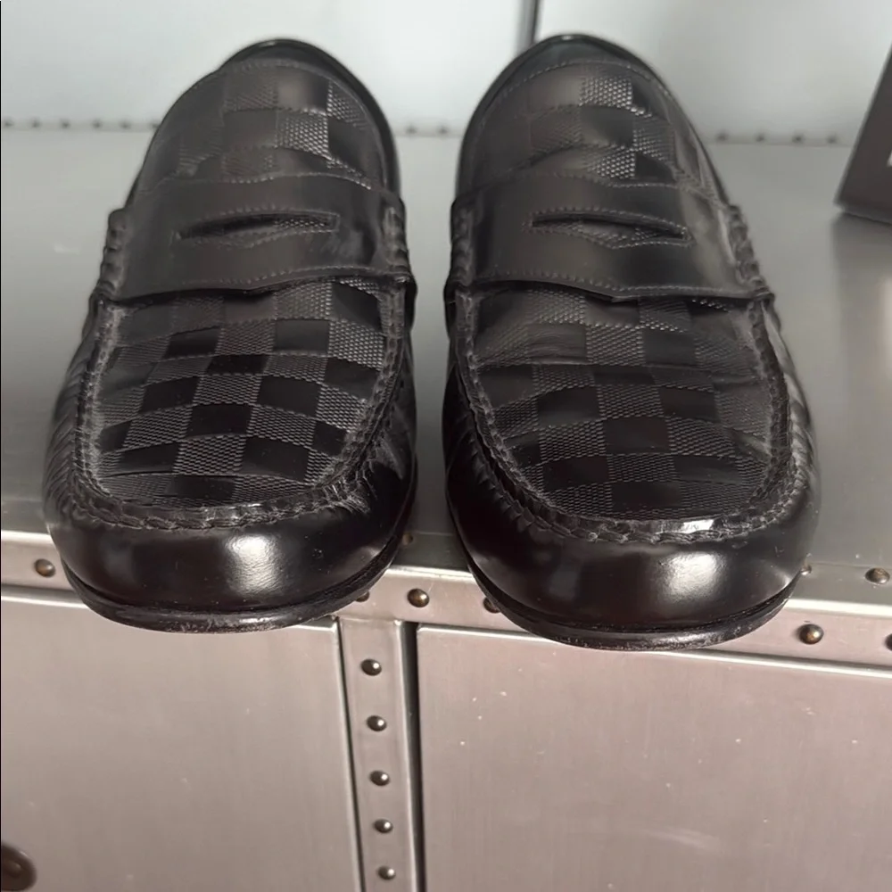 Louis Vuitton Damier Embossed Leather Outline Penny Slip On Loafers
